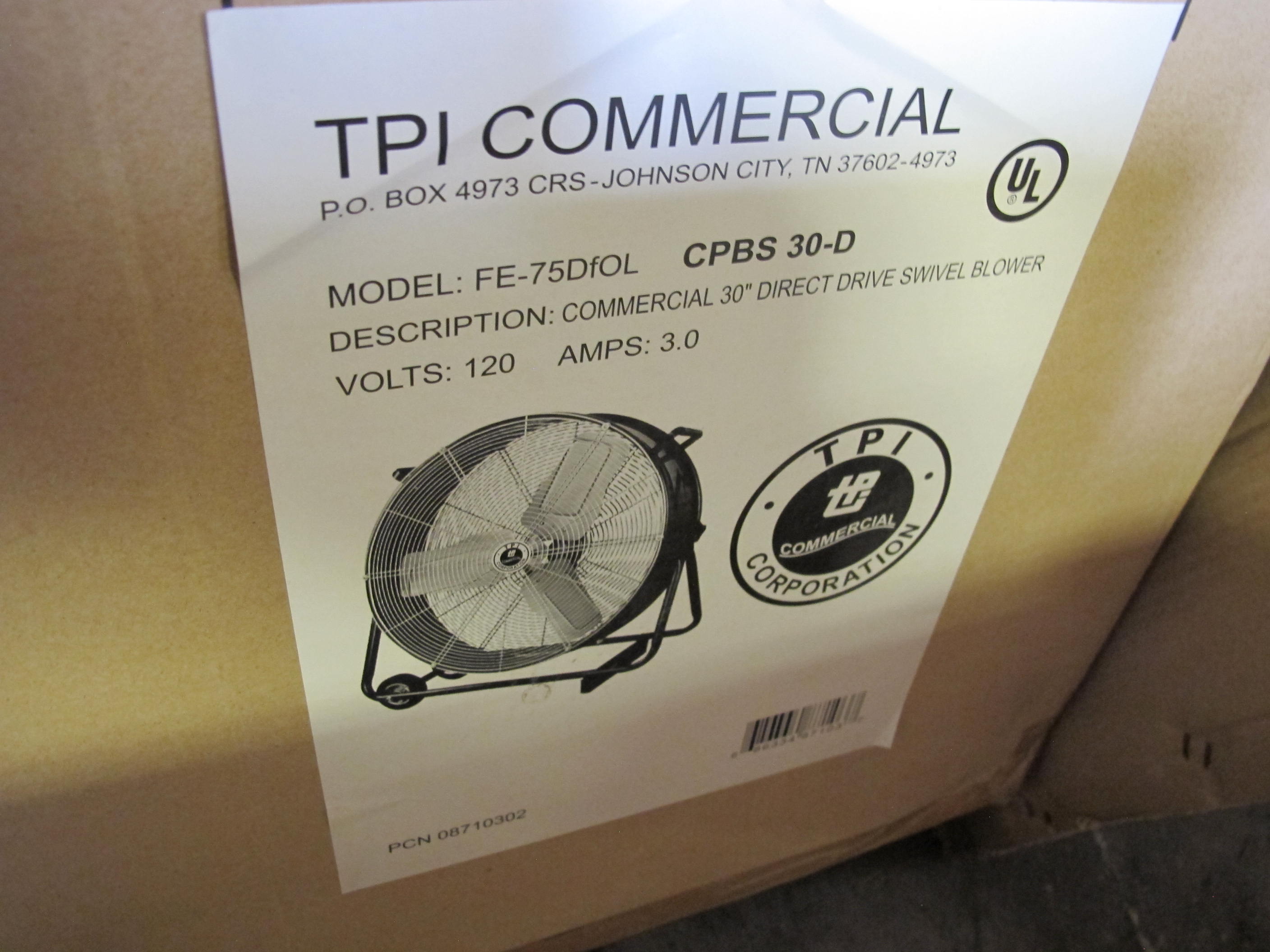 TPI COMMERCIAL FAN BLOWER, 30" MODEL # FE-75DFOL --OR-- CPBS-30-D. LOADING & HANDLING FEE $15-4062